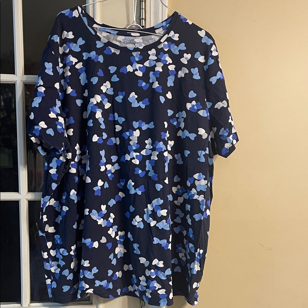 Woman Within Cream and Blue Patterned Top